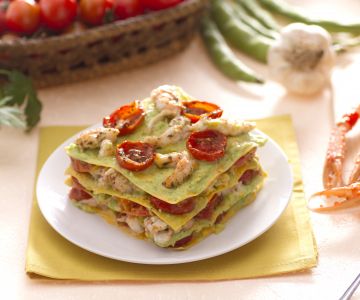Lasagna with Scampi, Cherry Tomatoes, and Fava Bean Pesto