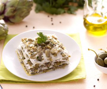 Artichoke lasagna with ricotta and capers