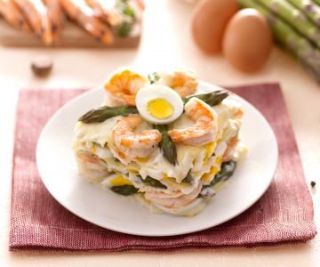 Lasagna with asparagus, eggs, and shrimp