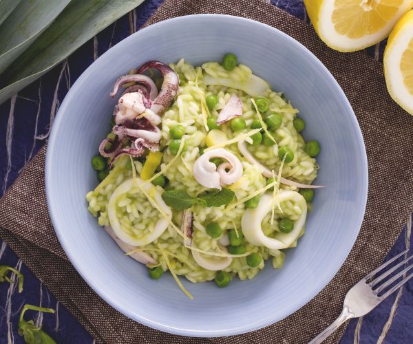 Mint, Pea, and Squid Risotto
