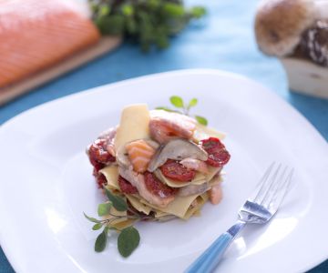 Maltagliati with salmon, porcini mushrooms and confit cherry tomatoes