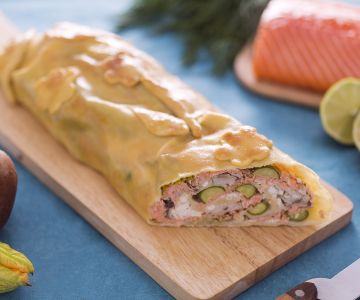 Salmon, Porcini, and Zucchini Flowers Strudel