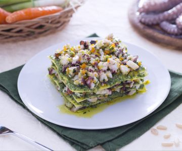 Green lasagna with arugula pesto and octopus ragout