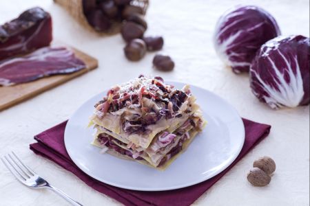 Lasagna with radicchio, chestnut cream and speck