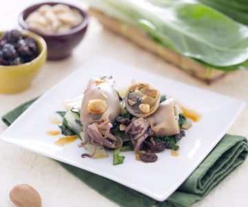 Stuffed Squid with Swiss Chard, Raisins, and Almonds