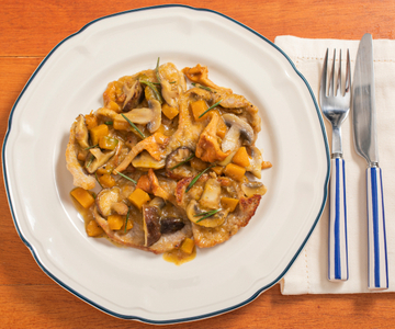 Veal scallopine with vin santo, pumpkin and mixed mushrooms