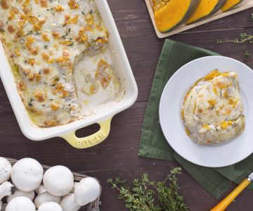Pumpkin lasagna with mushroom cream and smoked cheese