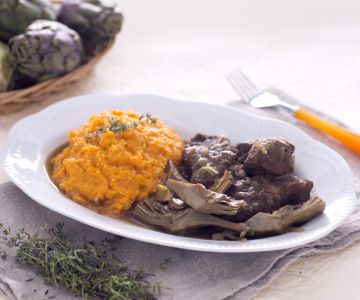 Braised Beef with Artichokes and Sweet Potato Purée