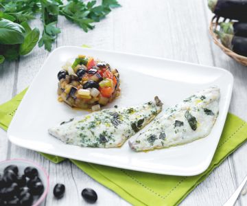 Sea bream with herbs and caponata