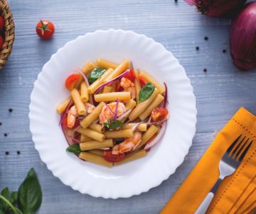 Sedani rigati with Catalan-style shrimp