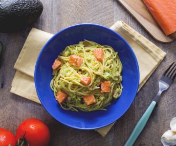 Spaghetti with Guacamole and Crispy Salmon