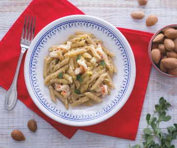 Penne with almond pesto and shrimp