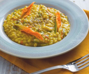 Barley risotto with zucchini flower cream
