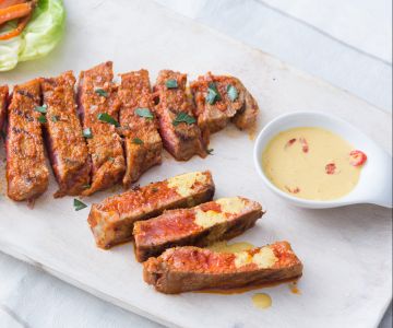 Beef steak with two curries