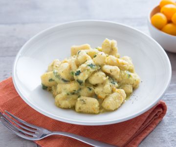 Chickpea Flour Gnocchi with Snow Peas and Yellow Cherry Tomatoes