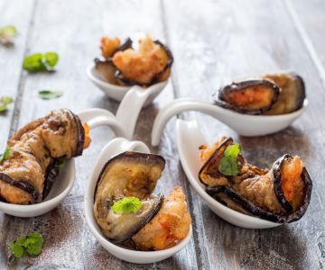 Fried Eggplant and Prawn Rolls