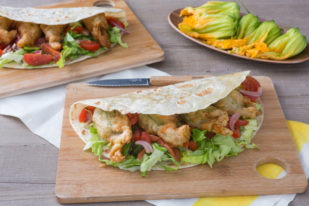 Flatbread with Stuffed and Fried Zucchini Flowers