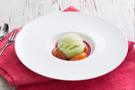 Lemon and basil granita with caramelized peaches