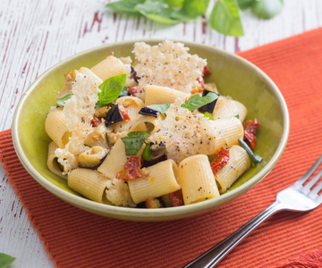 Pasta with Eggplants and Grana Padano Wafers