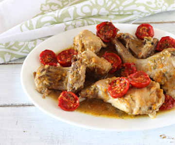 Rabbit with beer and confit cherry tomatoes