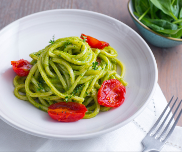 Troccoli with baby spinach pesto and cherry tomatoes