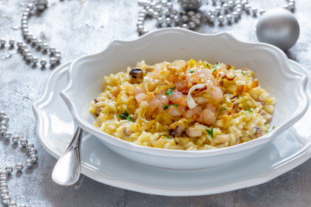 Orange risotto with swordfish and shrimp