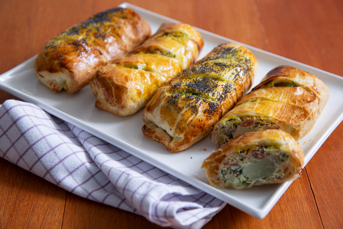 Mini strudels with chard, ricotta, and speck