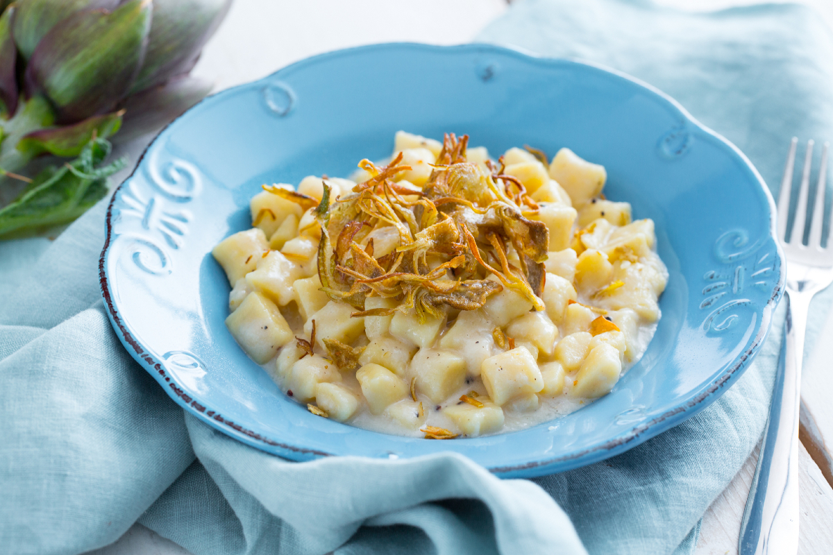 Gnocchi with cacio e pepe and crispy artichokes