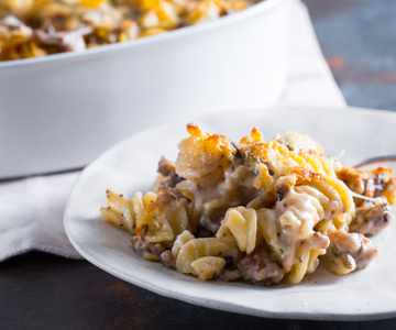 Baked pasta with mushrooms and sausage