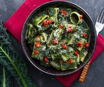 Calamarata with black cabbage and 'nduja