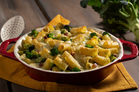 Baked pasta with broccoli and bacon