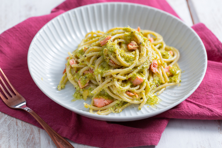 Pasta with Pistachio Pesto and Salmon