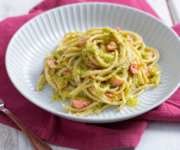 Pasta with Pistachio Pesto and Salmon