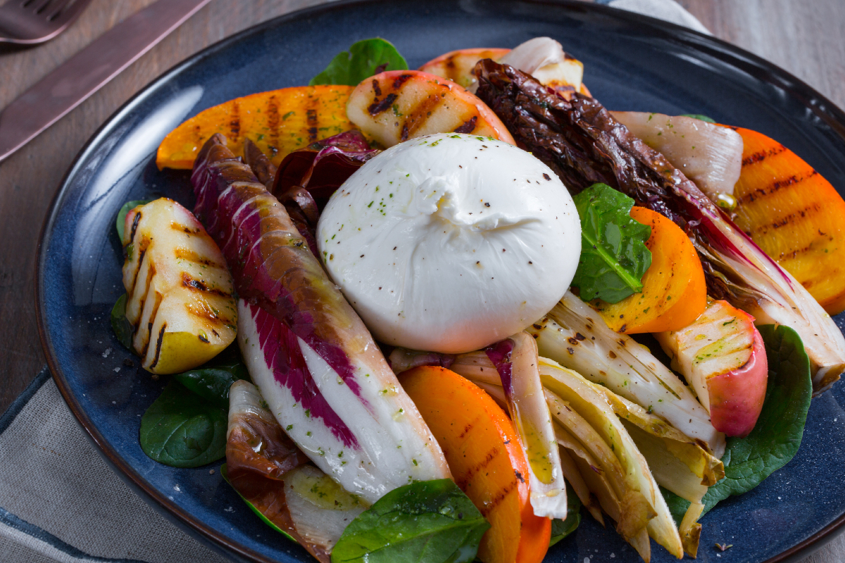 Burrata with Grilled Vegetables and Fruit