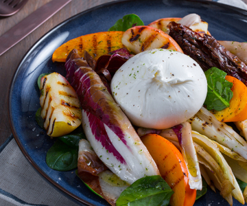 Burrata with Grilled Vegetables and Fruit