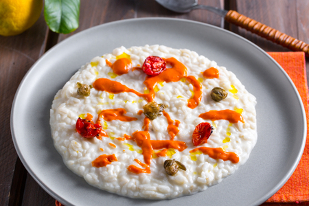 Risotto with burrata, capers and cherry tomatoes