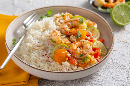 Basmati rice with grilled prawns and peppers