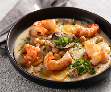 Chickpea Cream with Shrimp, Clams, and Parsnip