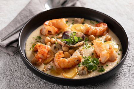 Chickpea Cream with Shrimp, Clams, and Parsnip