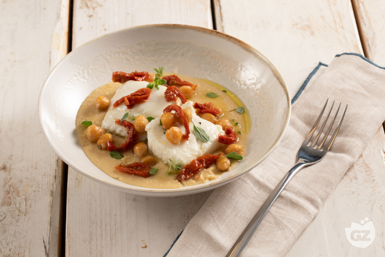 Confit cod on chickpea cream