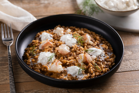 Risotto with red lentils and shrimp