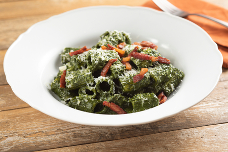 Pasta with Black Cabbage Cream, Guanciale, and Pecorino