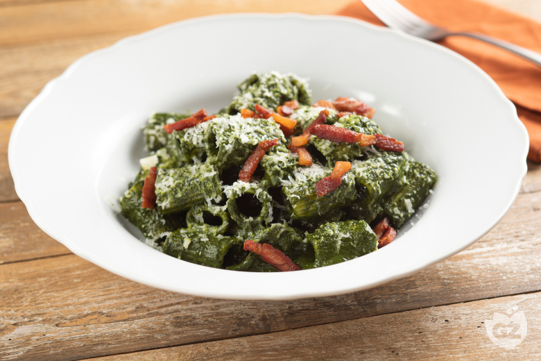 Pasta with Black Cabbage Cream, Guanciale, and Pecorino
