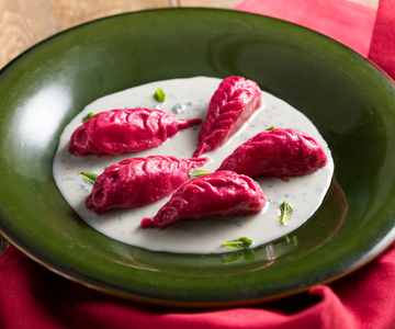 Beetroot Culurgiones with Potatoes and Blue Cheese Sauce