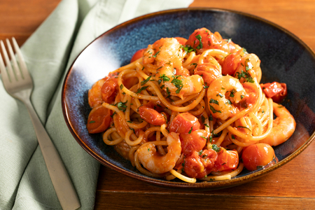 Pasta with large prawns