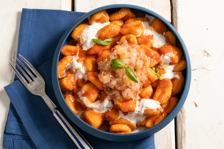 Gnocchi with shrimp and stracciatella