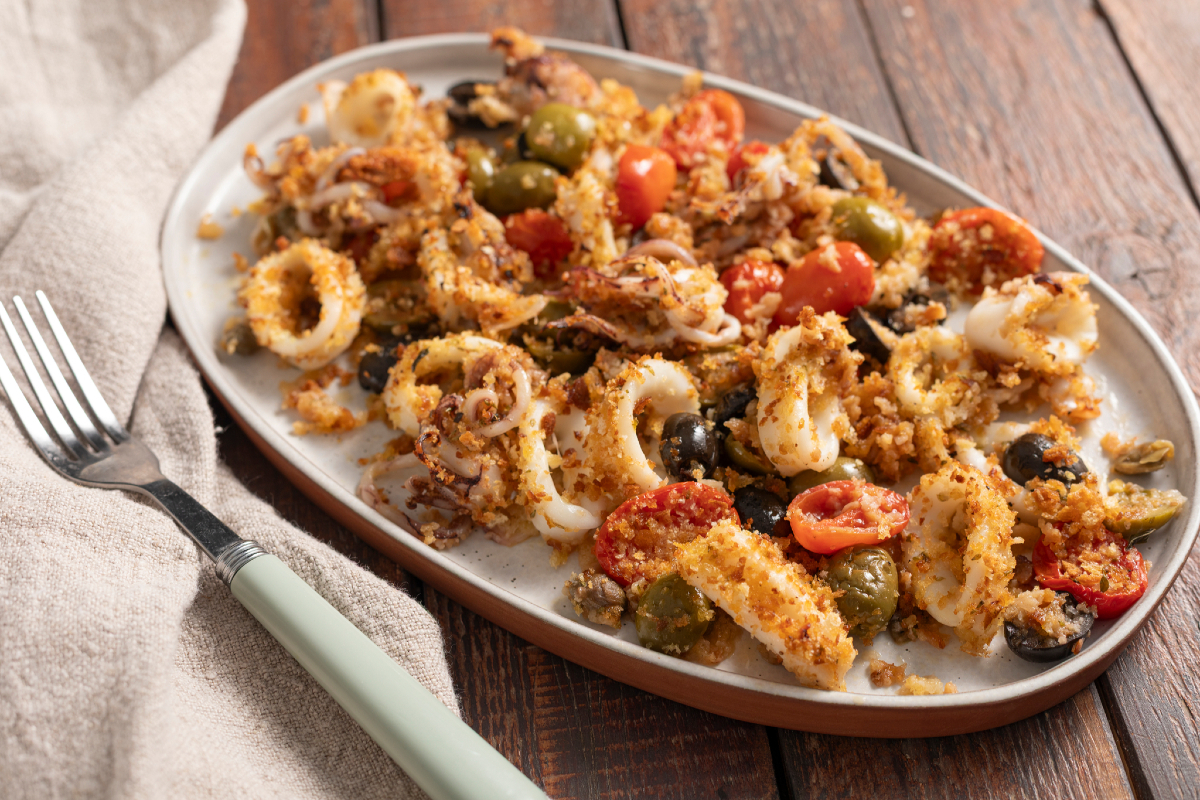 Baked Gratined Squid with Cherry Tomatoes and Olives