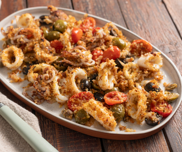 Baked Gratined Squid with Cherry Tomatoes and Olives