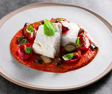 Steamed Cod Fillet with Tomatoes and Caper Berries