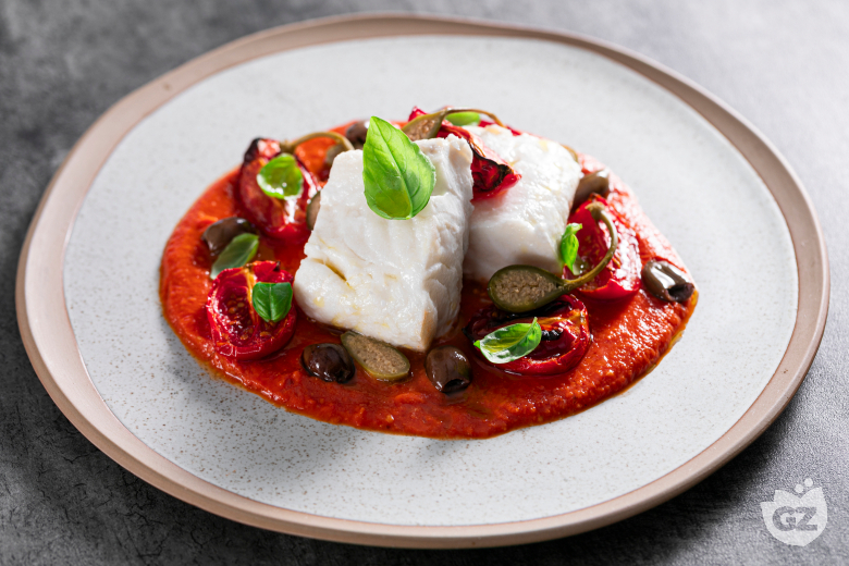 Steamed Cod Fillet with Tomatoes and Caper Berries